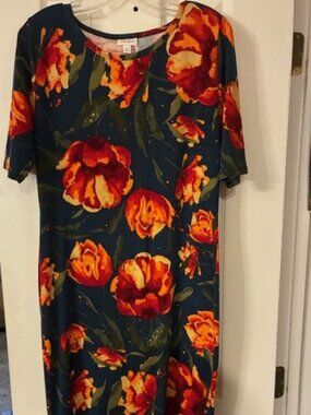 LuLaRoe Women's Fitted Knit Bodycon Colorful Floral Midi Short Sleeve Dress Sz L